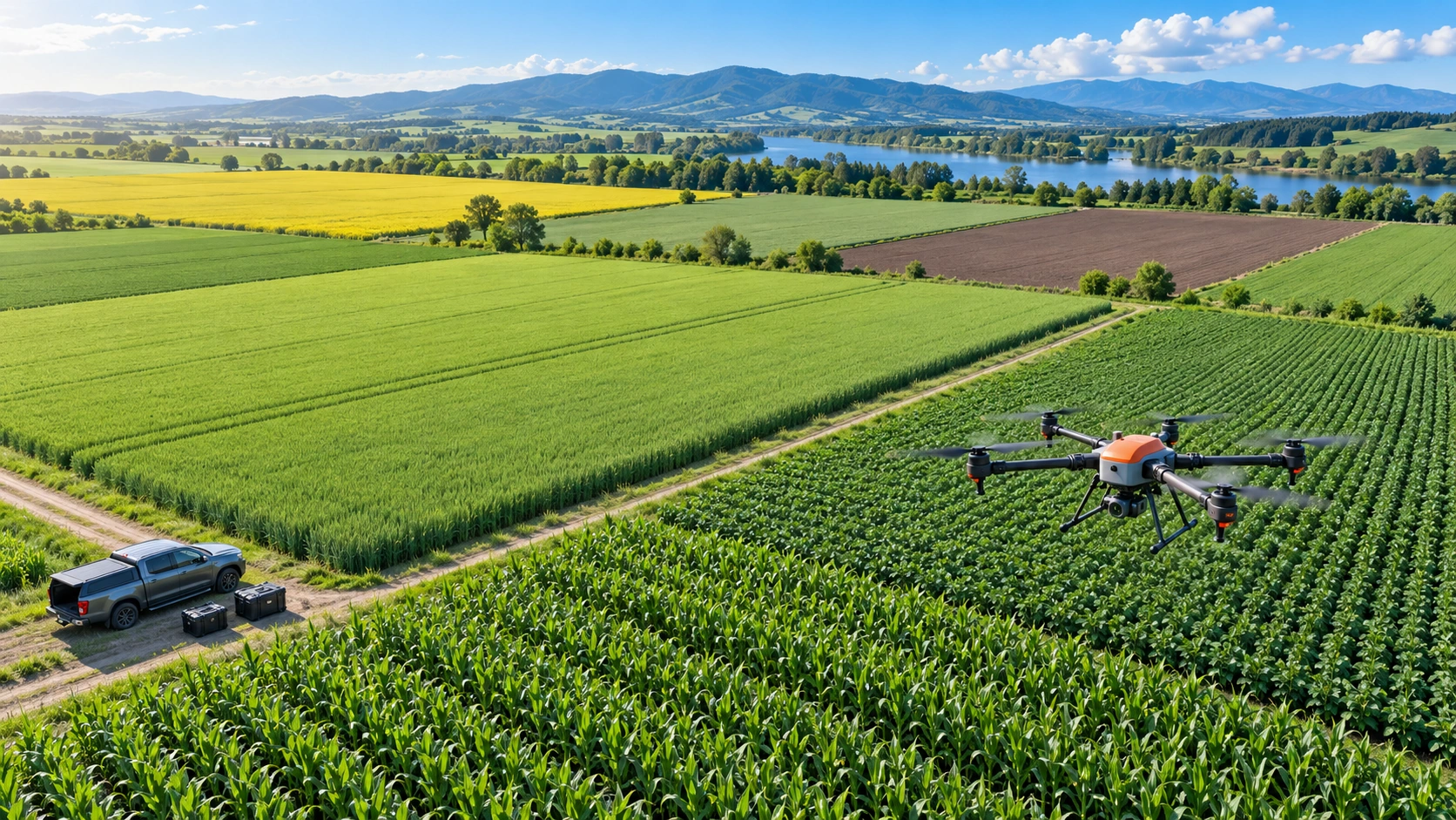AI-generated agricultural fields scene concept, not a customer project