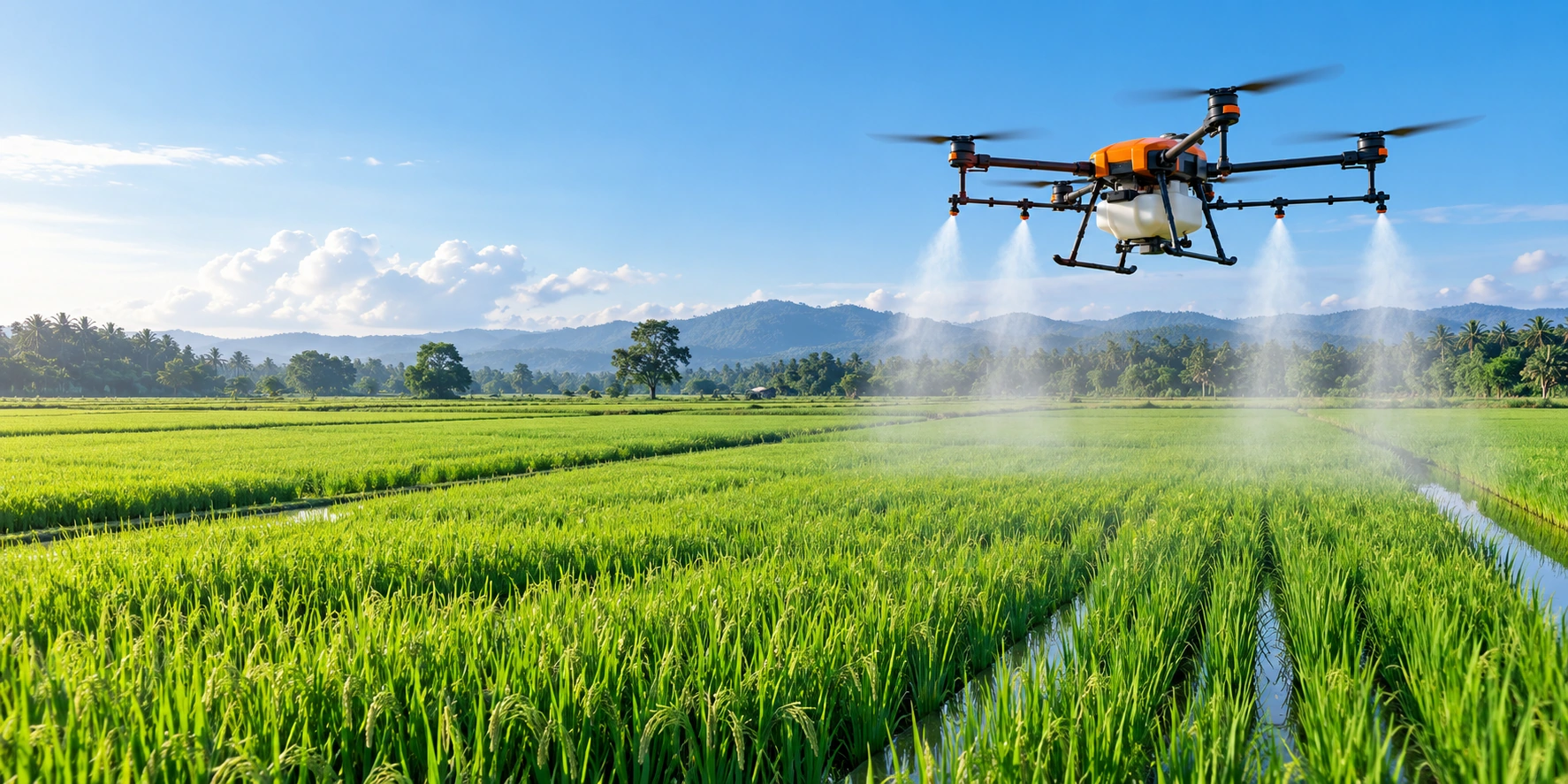 AI-generated rice-field agricultural equipment concept, not a product photograph